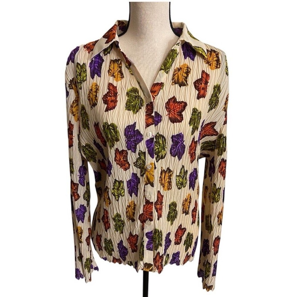 Milano 90s Womens Large Button Up Shirt Beige Multicolor Fall Leaves Texture